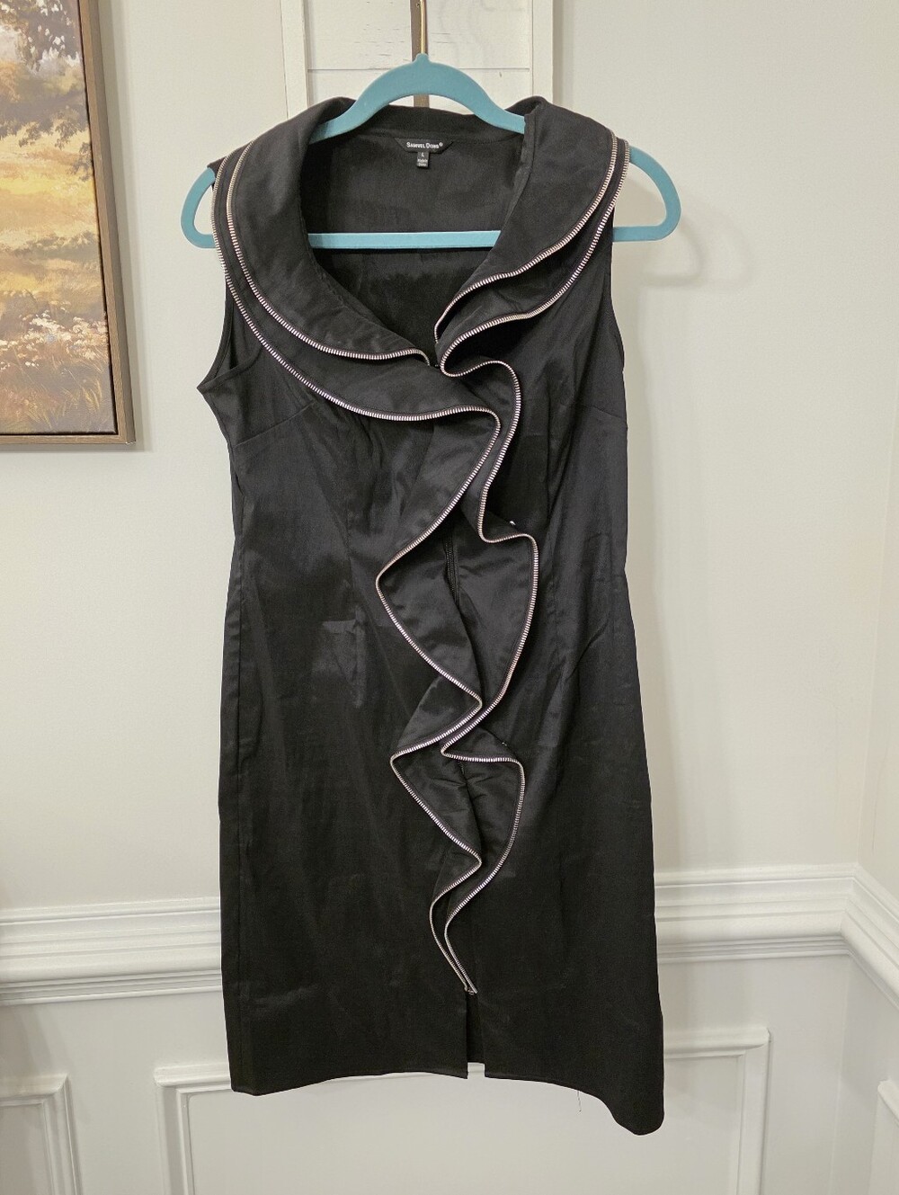 Samuel Dong Zipper Ruffle Midi Sheath Dress Sleeveless Stretch Black Size Large